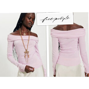 Free People Romantic Pink Off Shoulder Buttery Soft Ribbed Long Sleeve Blouse Lg
